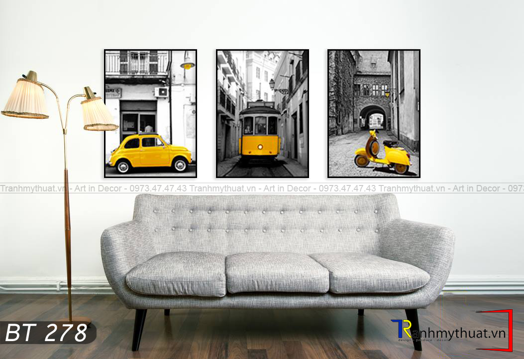Bộ 3 Tranh Vintage phương tiện màu vàng